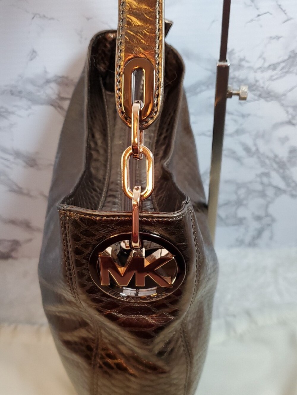 Michael Kors Cocoa Fulton Chain Hobo Snake-Embossed Shoulder Bag NWT - Picture 6 of 16